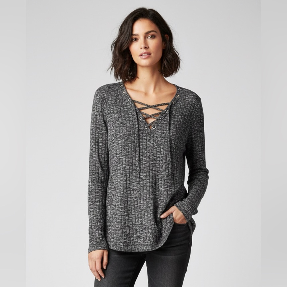Rock & Republic Charcoal Lace-Up Long Sleeve Top